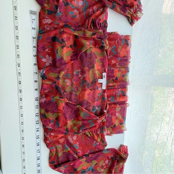 DR2 Daniel Rainn Mesh Floral Babydoll Top Sz. XS Orange Red Peplum Smocked Y2K - Picture 7 of 12